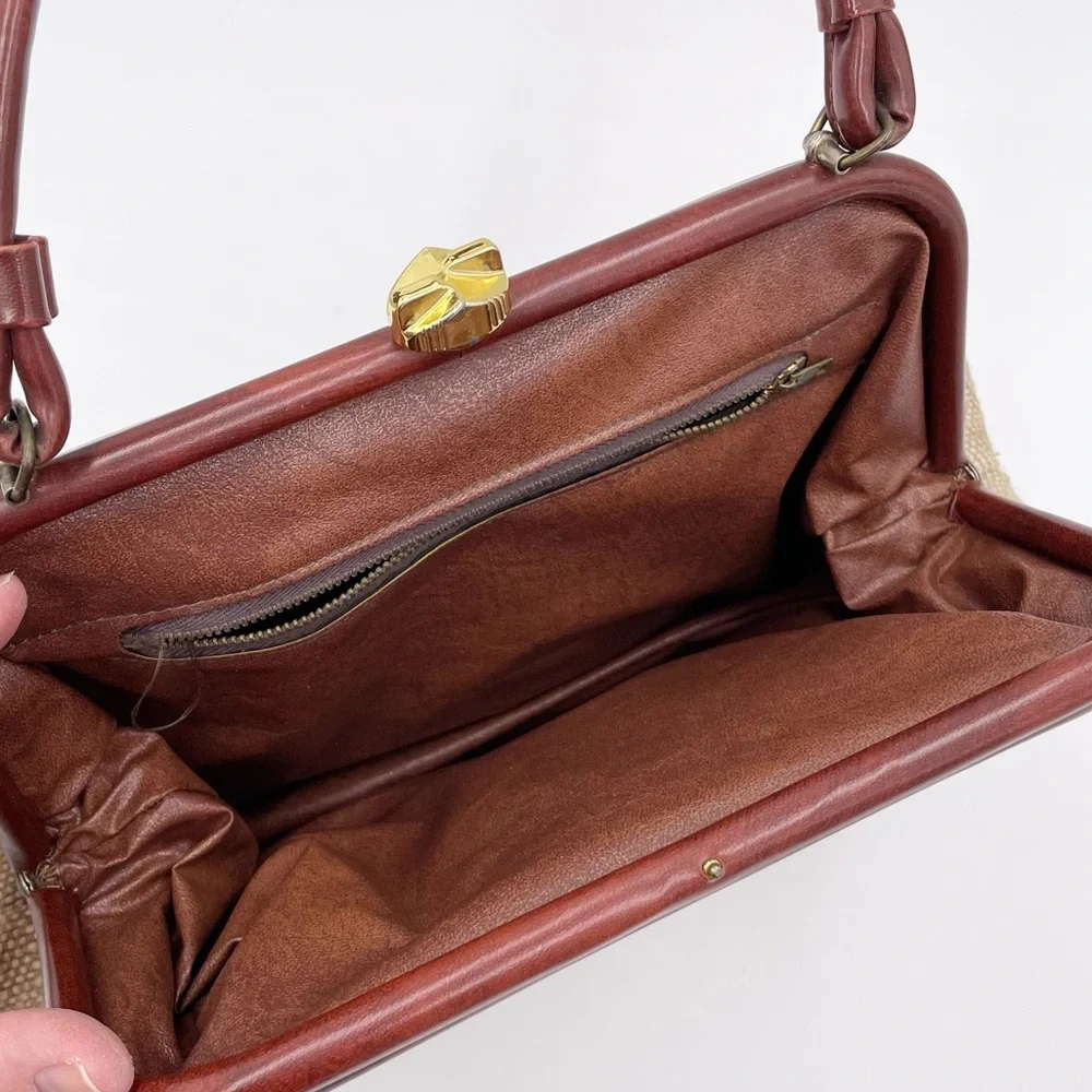 Vintage 50s 60s Top Handle Satchel Bag Red Leather Tweed Purse Midcentury Modern - Picture 5 of 12